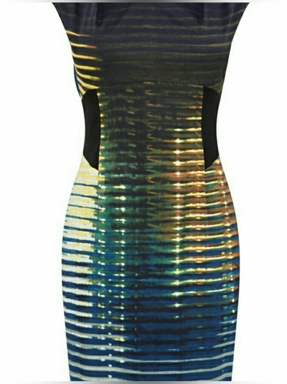 Karen Millen Abstract Ombre Stripe Bodycon Pencil Dress Blue Gold US 4 - Picture 3 of 12